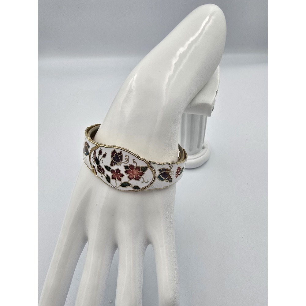 Vintage Cloisonne White Enamel Gold Tone Floral Butterfly Hinge Bangle Bracelet - Picture 6 of 10
